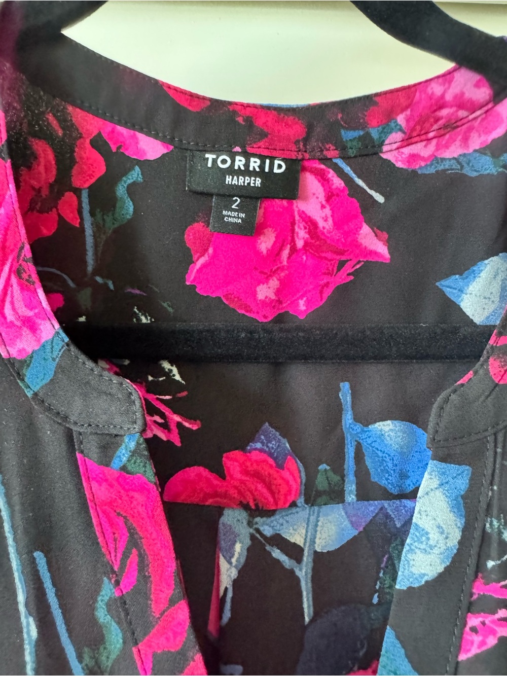 Torrid Black Floral Split-Neck Blouse in Hot Pink - Picture 2 of 4